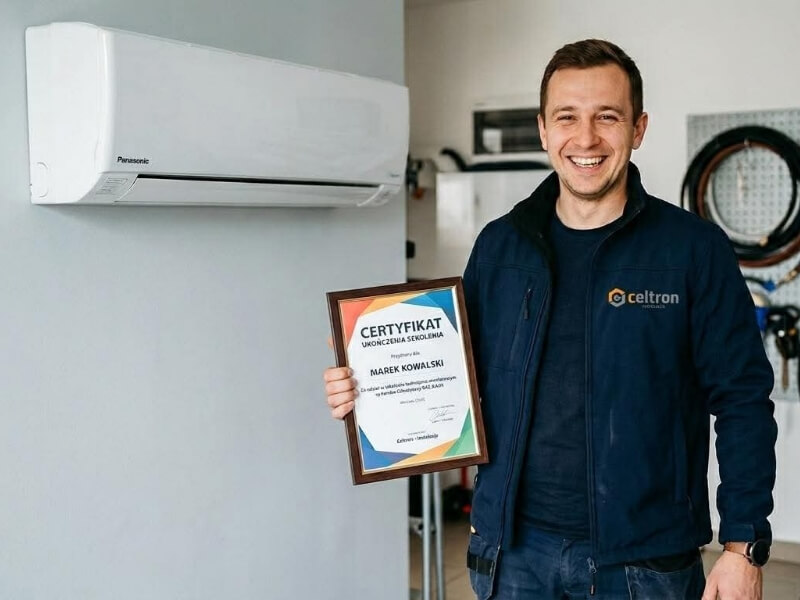 Pracownik Celtron z certyfikatem przy klimatyzatorze Panasonic